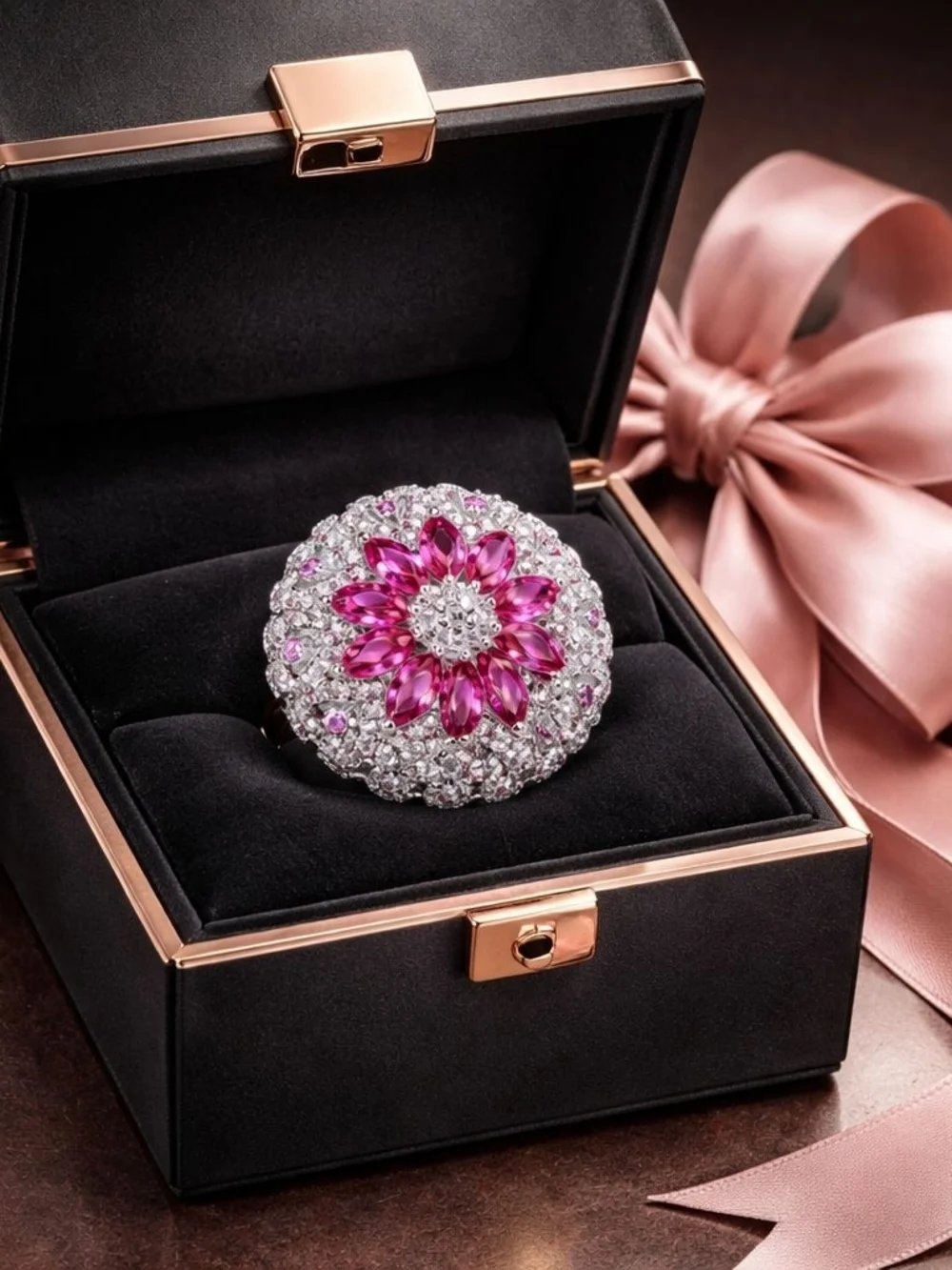 Pink Floral Cluster Statement Ring - Silver Tone